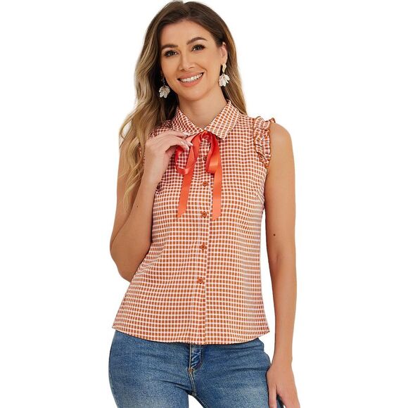 Allegra K Tops - Bow Tie Neck Blouse Vintage Ruffle Sleeveless Gingham Plaid Shirt Orange